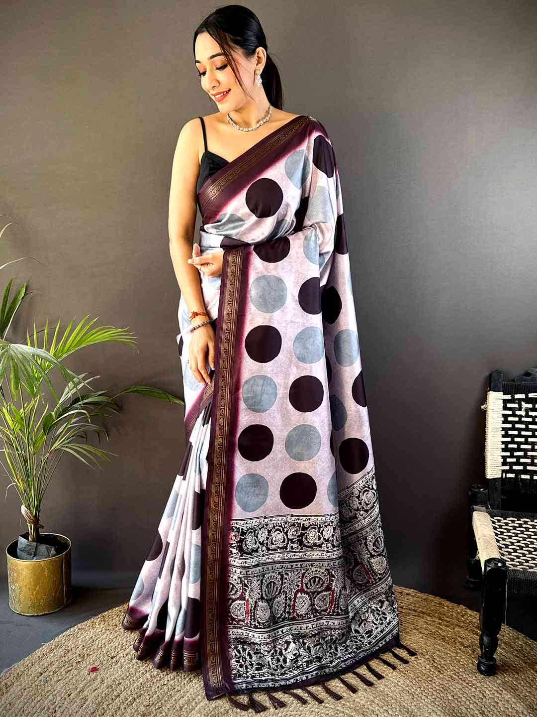 Lavender Soft Silk Polka Dot Print Saree