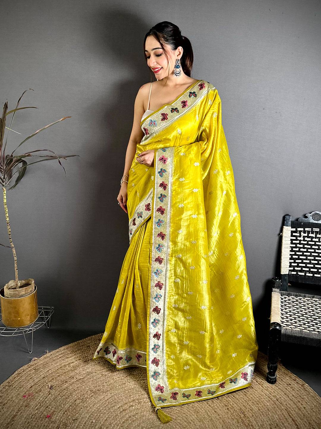 Yellow Crush Silk Zari Embroidered Saree