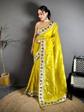 Yellow Crush Silk Zari Embroidered Saree