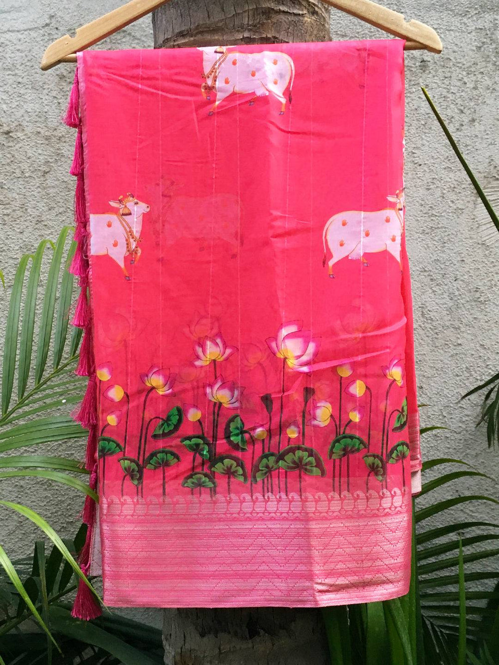 Hot Pink Organza Pichwai Print Saree with floral design