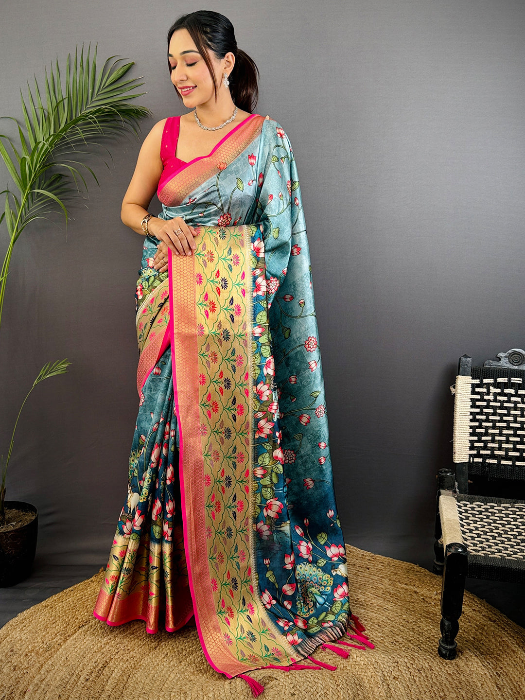 Teal Freehand Digital Print Soft Silk Saree