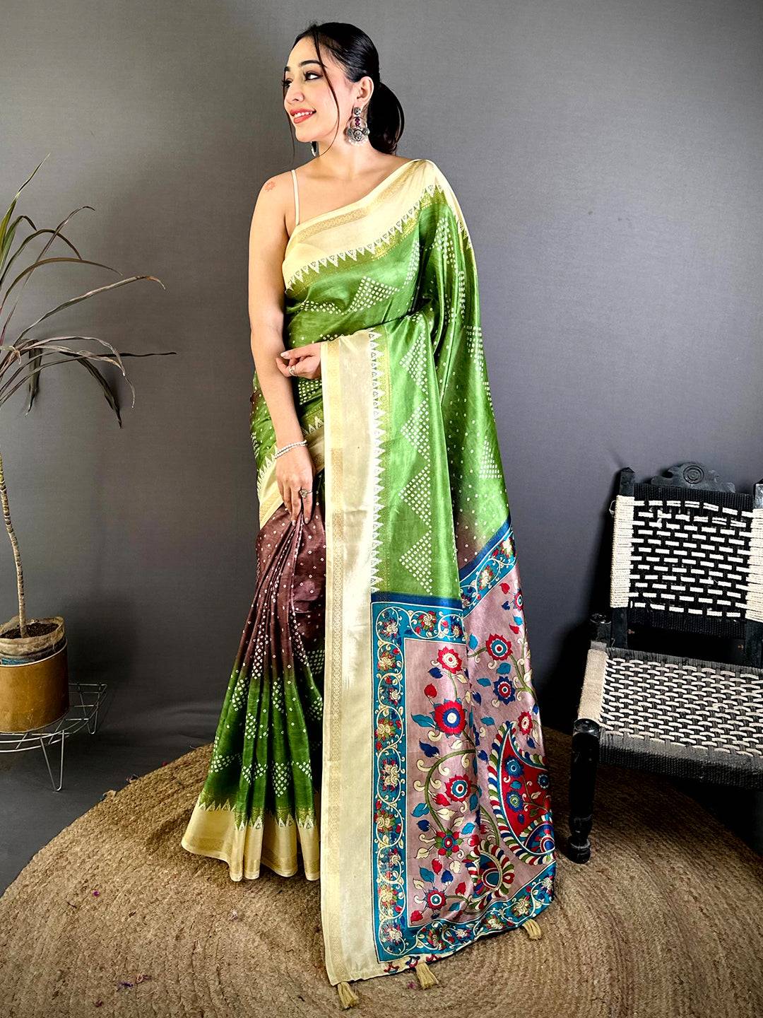 Radiant Kalamkari Pallu Bandhej Print Saree