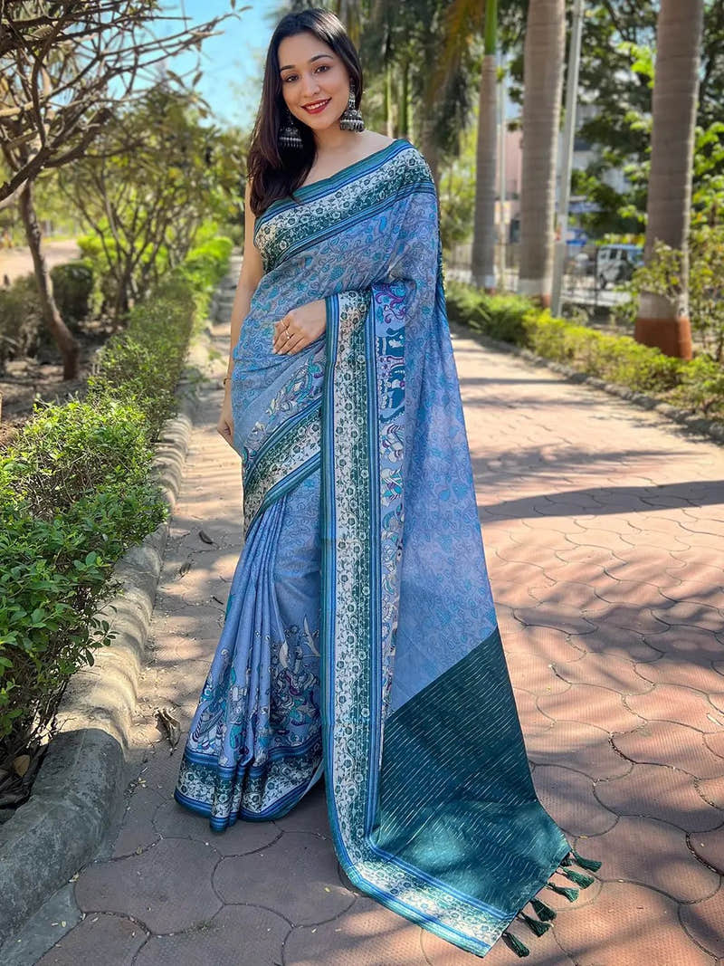 Satin Kota Doria Saree With Kalamkari Digital Print In Blue Colour
