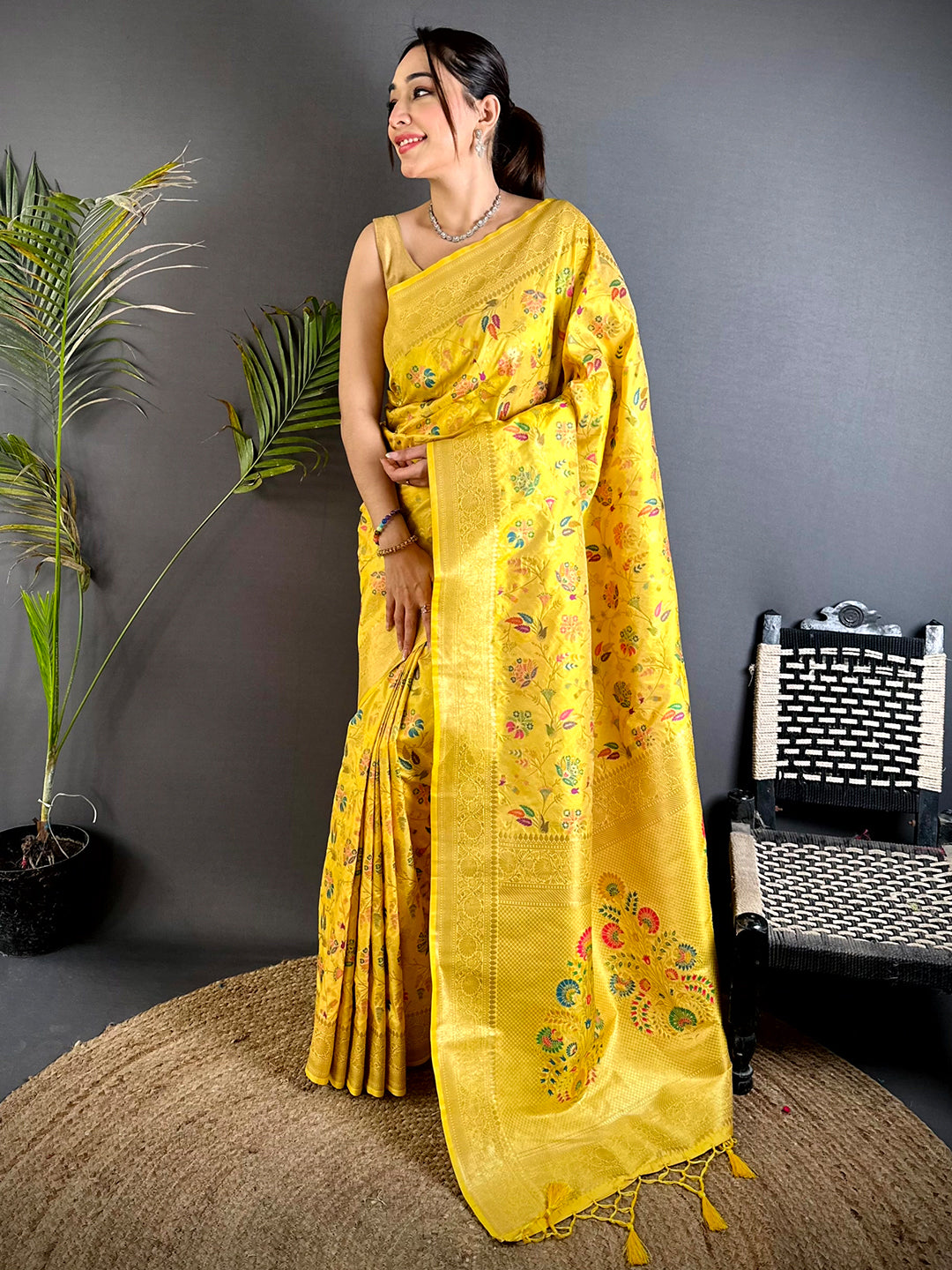 Yellow Banarasi Minakari Floral Silk Saree
