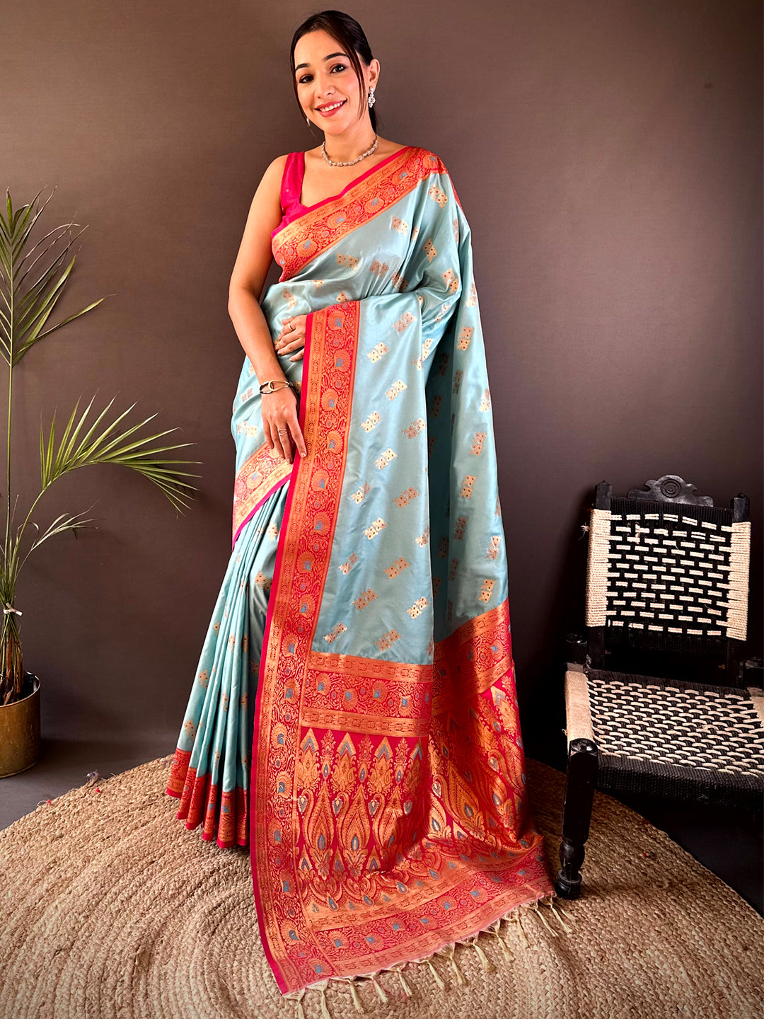 Sky Blue Soft Silk Kanjivaram Saree With Maggam Blouse