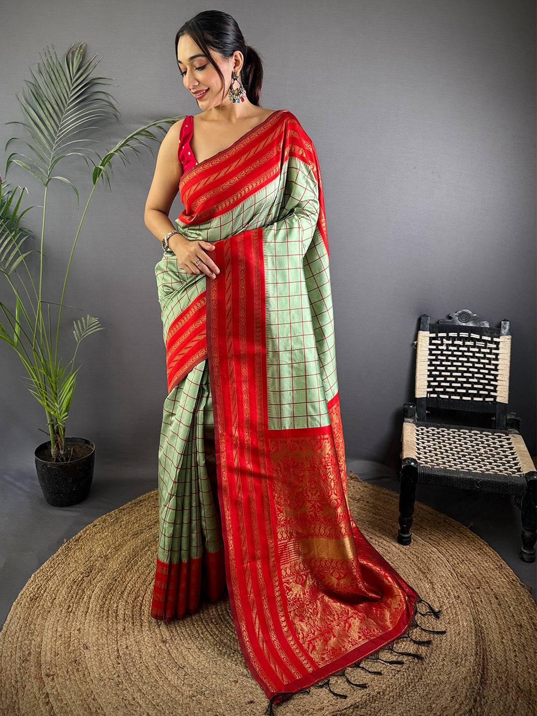 Red Royale Chex Soft Katan Silk Saree