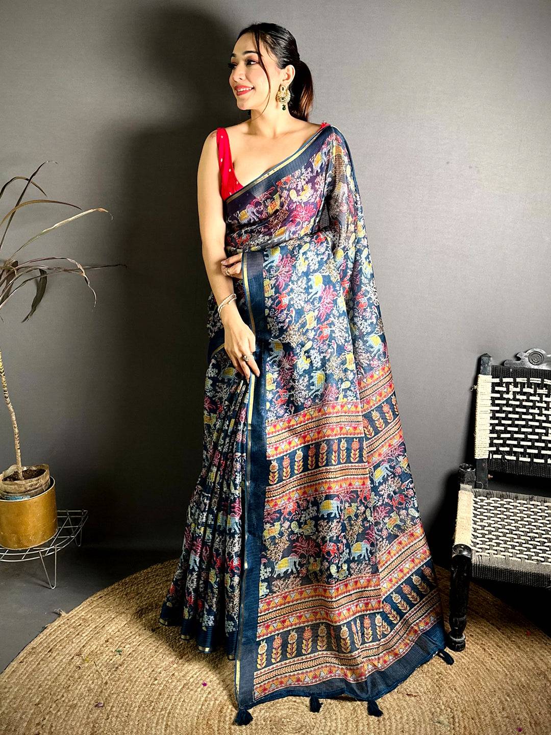Navy Kota Doriya Kalamkari Print Saree