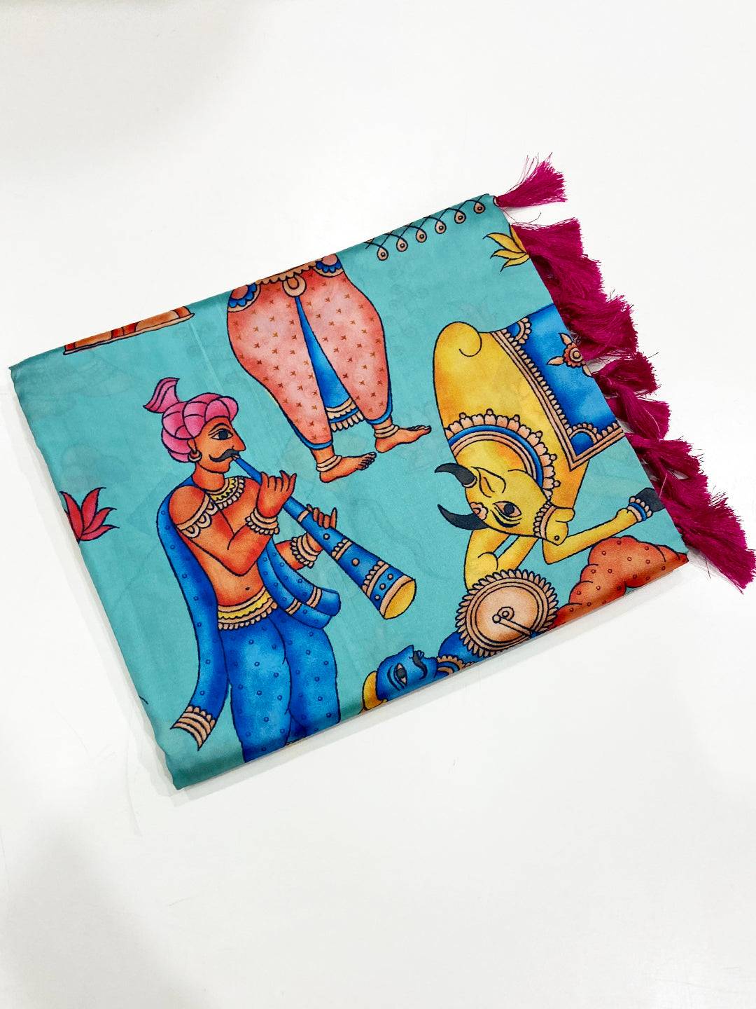 Turquoise Banarasi Silk Kalamkari Printed Saree
