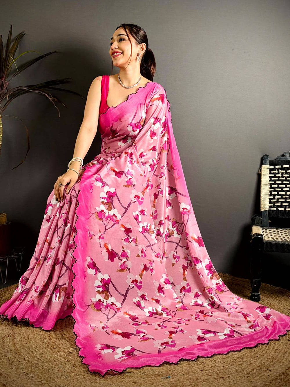 Rose Pink Chinnon Embroidered Border Saree