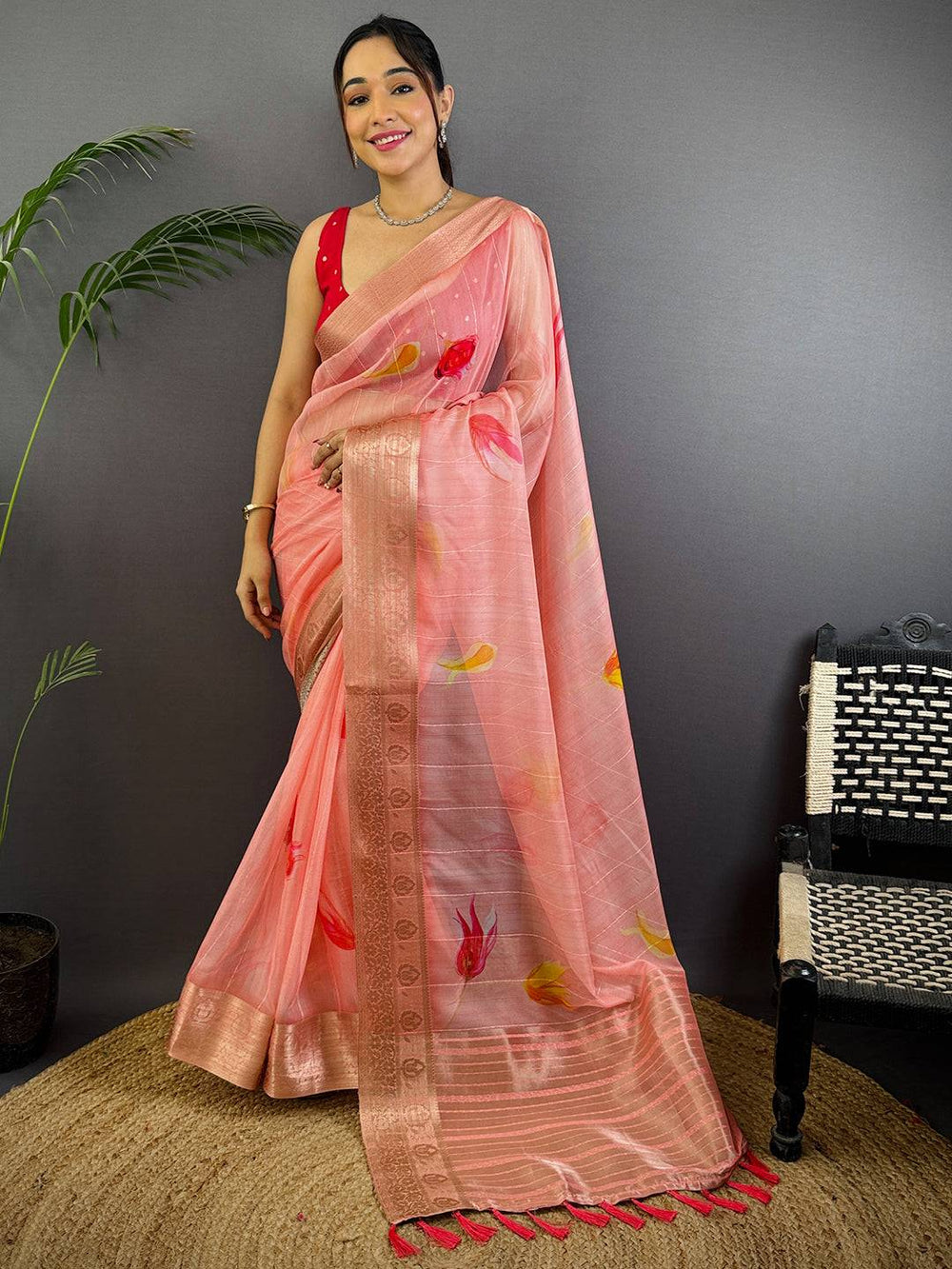 Blush Pink Soft Organza Digital Print Saree