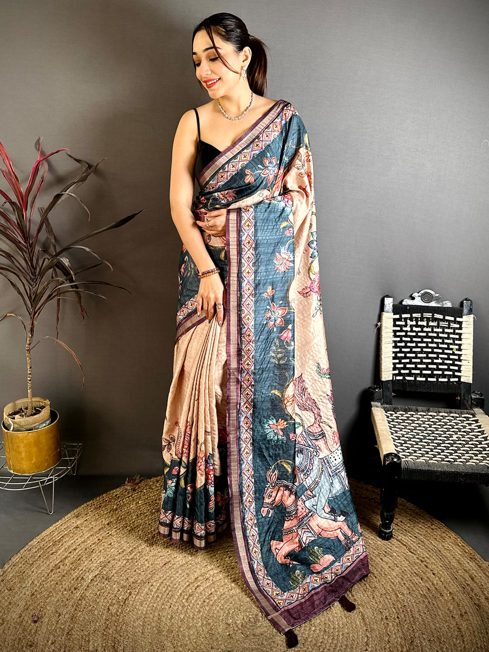 Heritage Tussar Ghicha Kalamkari Saree