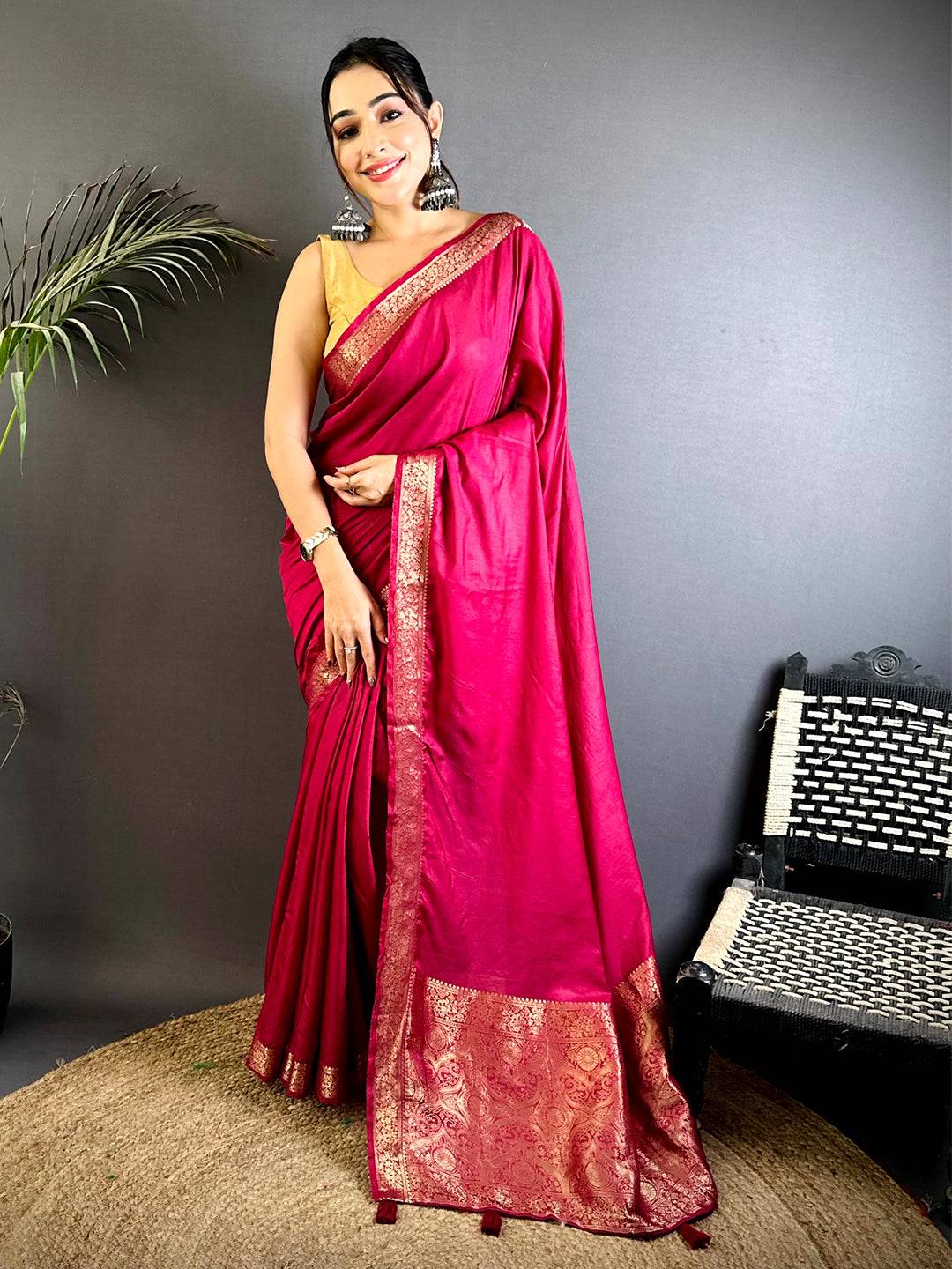 Cherry Red Hand Dyed Pure Viscose Saree
