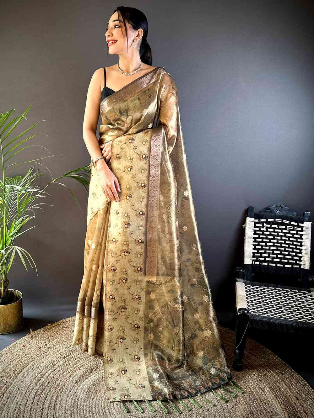 Light Pista Floral Satin Bentex Border Saree