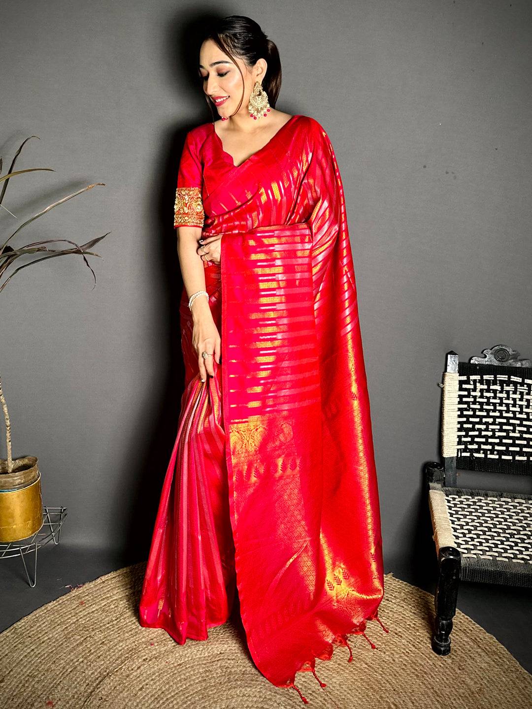 Pink Soft Silk Striped Weave Saree