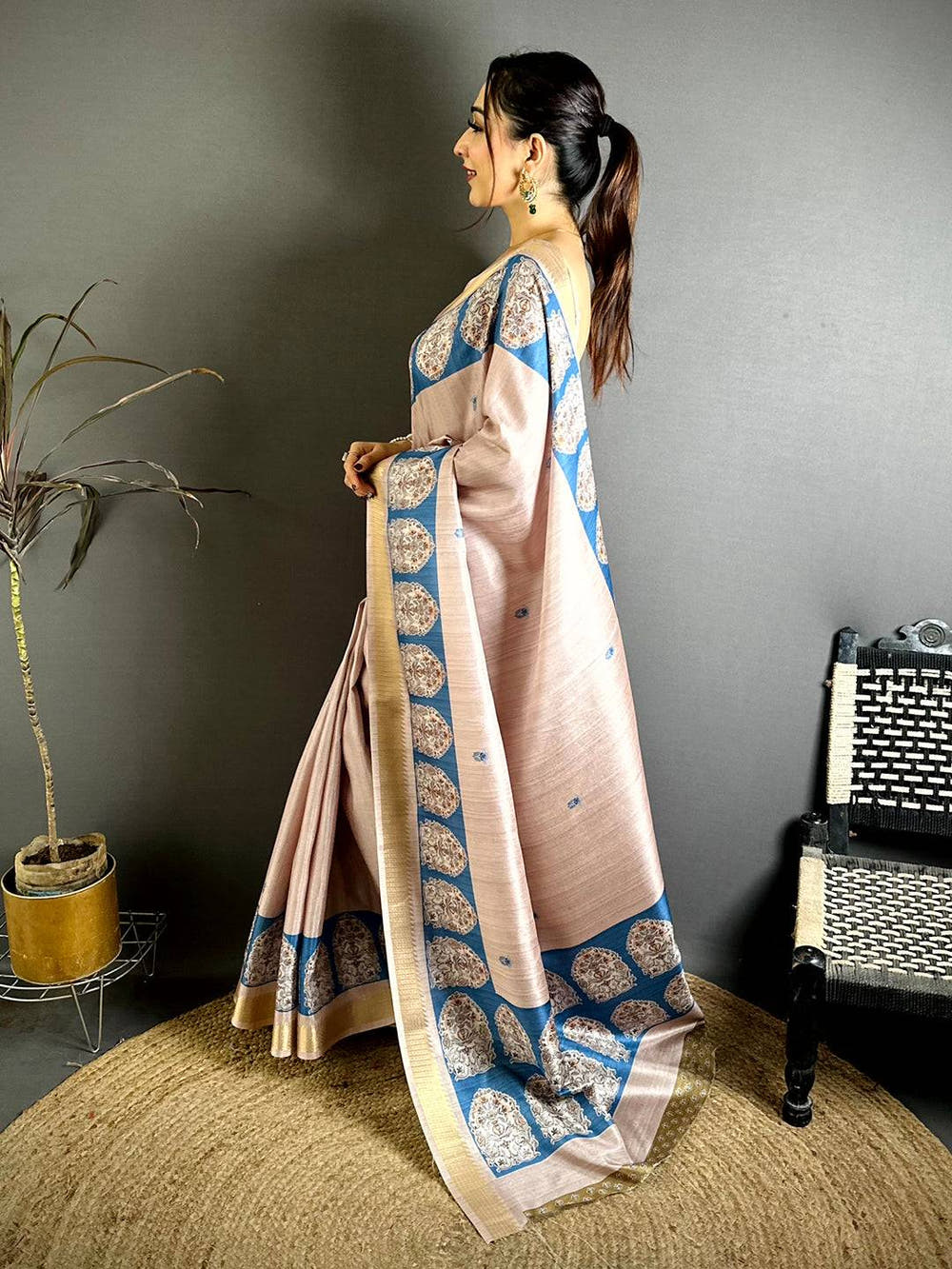 Elegant Tussar Slub Ghicha Ajrakh Saree
