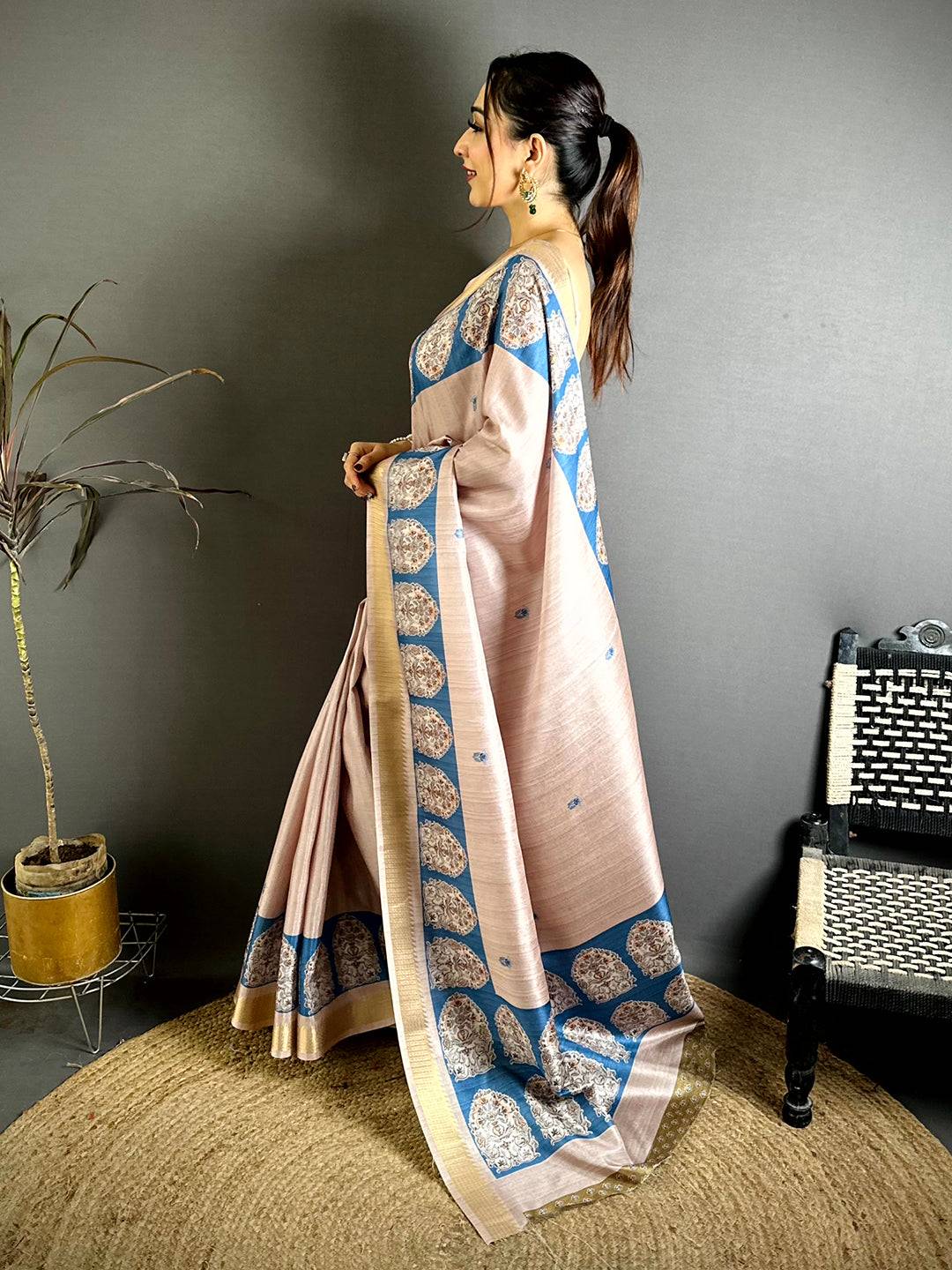 Elegant Tussar Slub Ghicha Ajrakh Saree