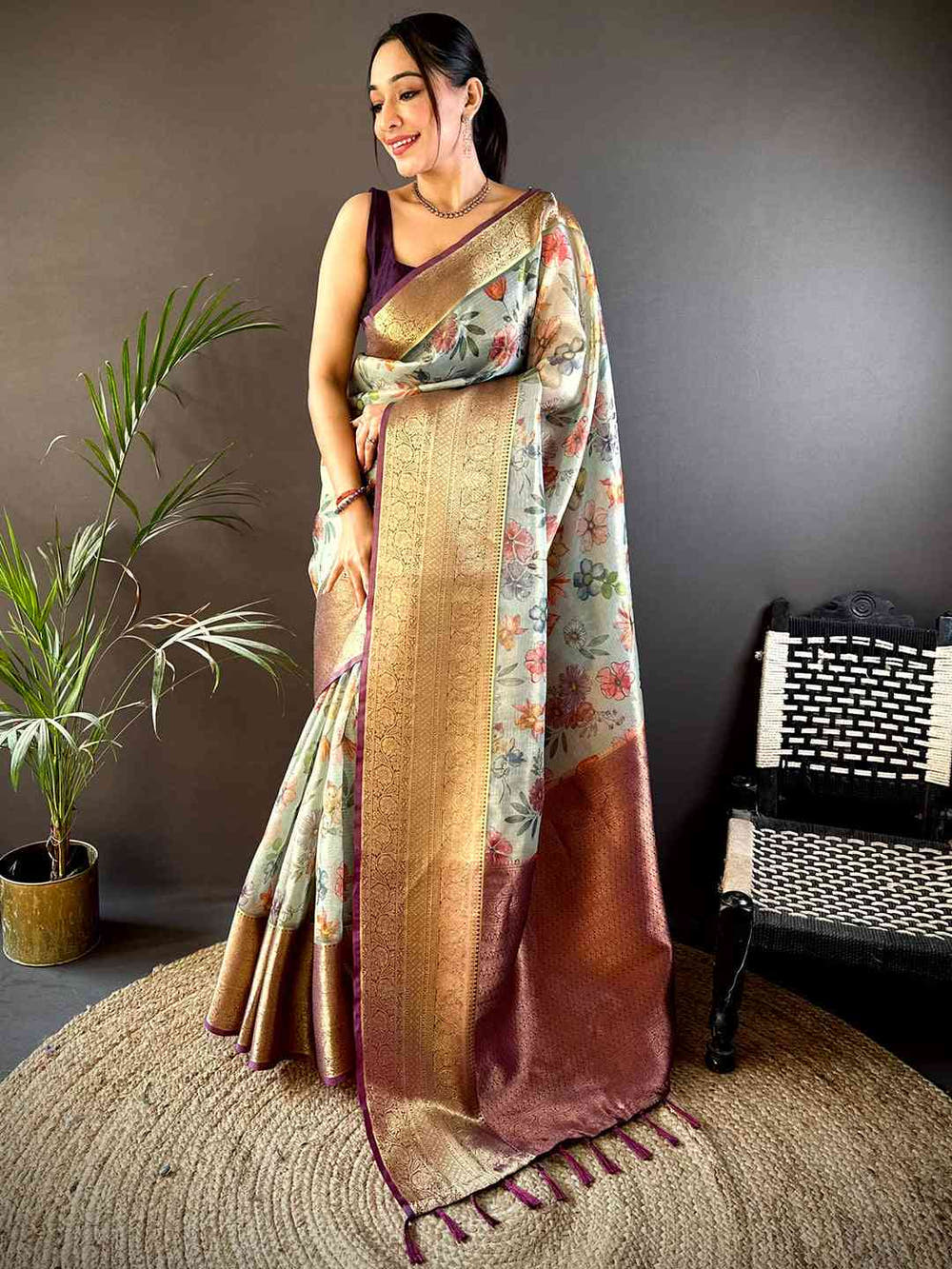 Fern Green Floral Gold Zari Tissue Saree