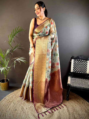 Fern Green Floral Gold Zari Tissue Saree