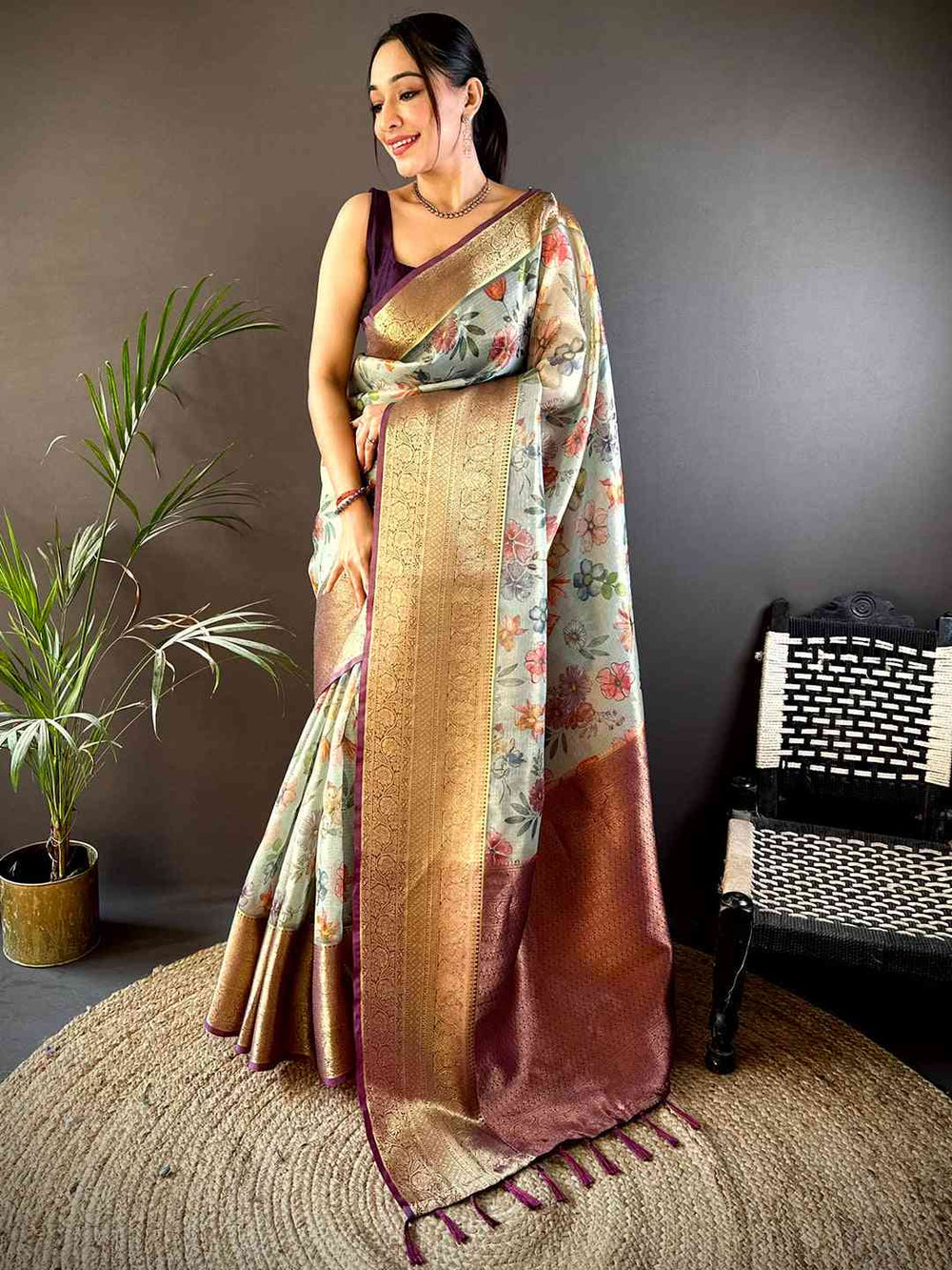 Fern Green Floral Gold Zari Tissue Saree