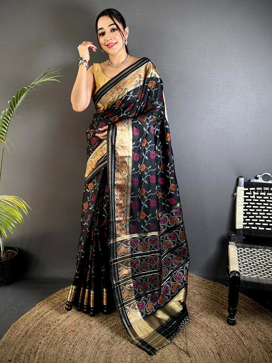 Black Pochampally Double Ikkat Saree