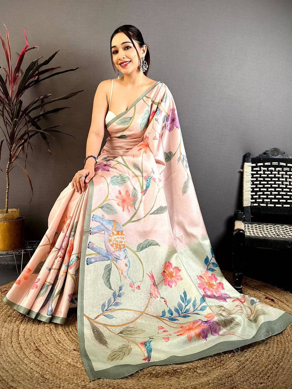 Pink Tussar Floral Water Block Saree