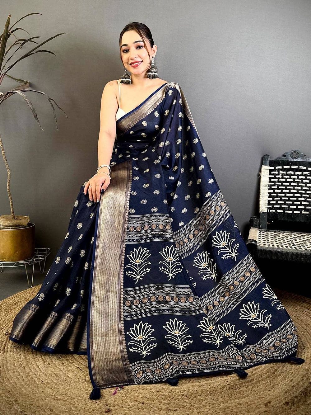 Navy Dola Block Print Zari Border Saree