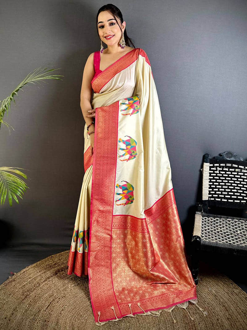 Elephant Ikkat Banarasi Soft Silk Saree With Maggam Blouse