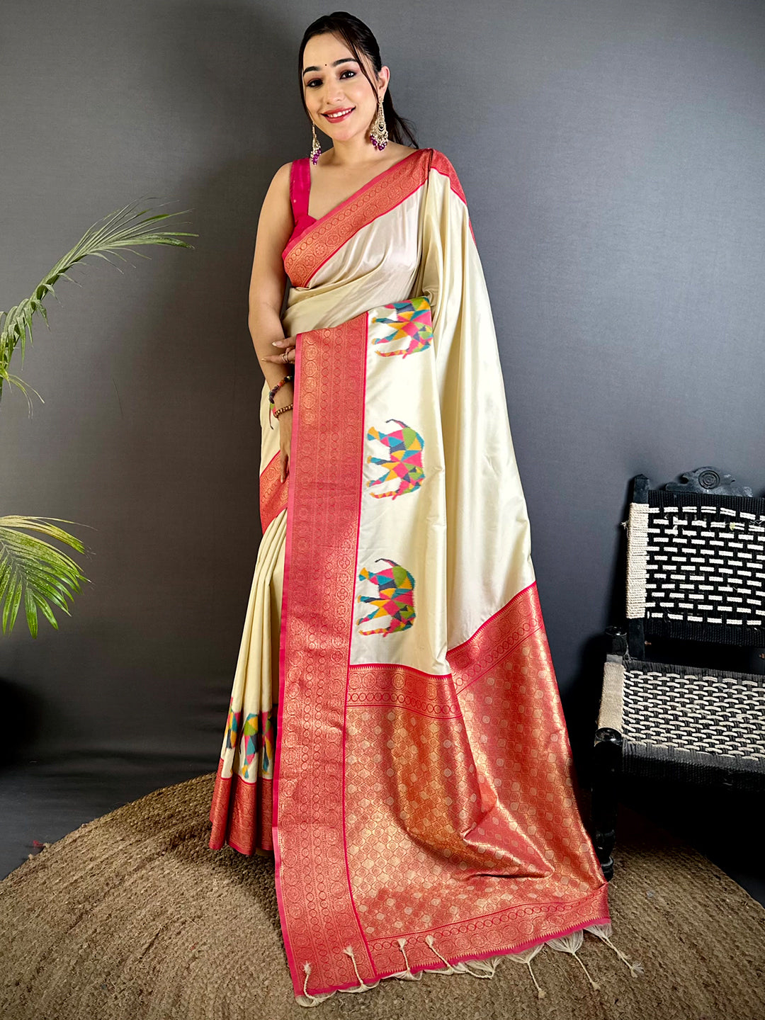 Elephant Ikkat Banarasi Soft Silk Saree With Maggam Blouse