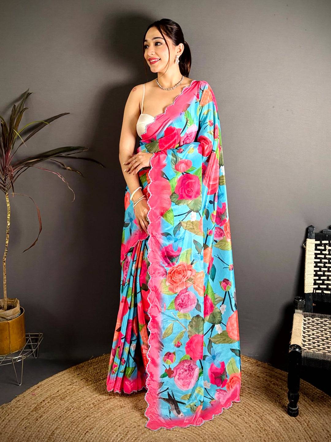 Sky Blue Chinnon Embroidered Border Saree