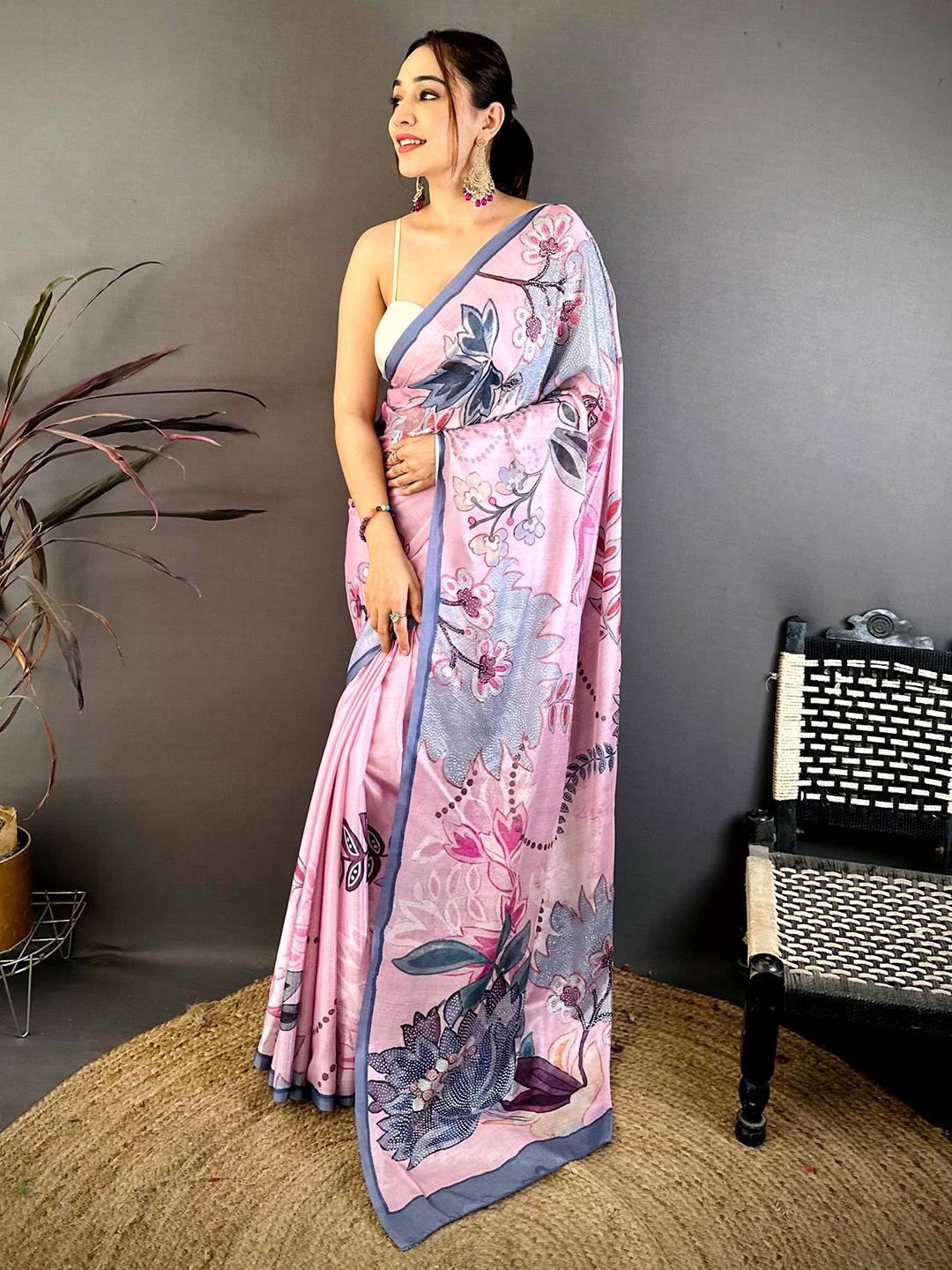 Pastel Pink Stone Work Floral Chinnon Saree
