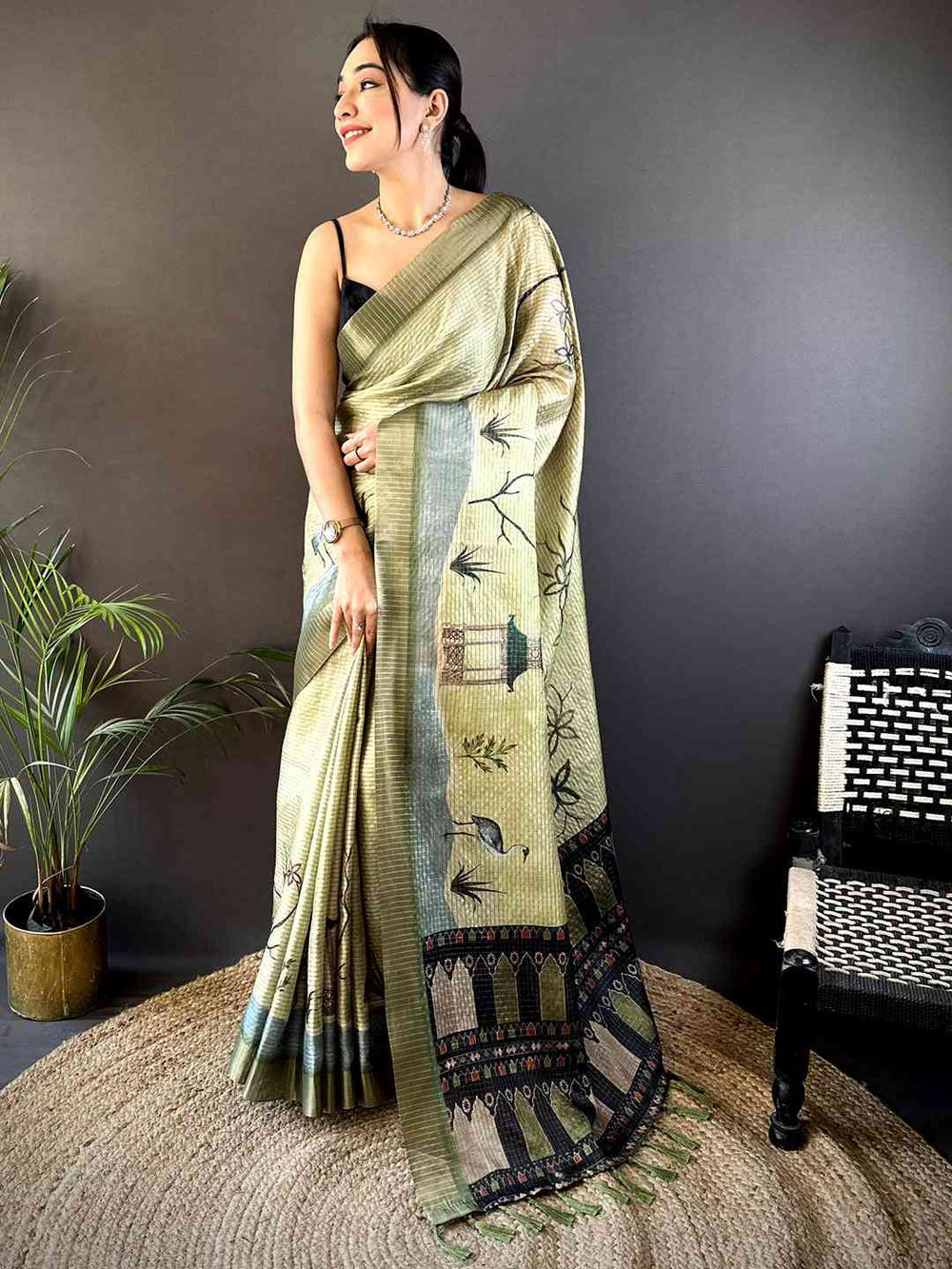 Sage Green Tissue Chanderi Japanese Print Saree