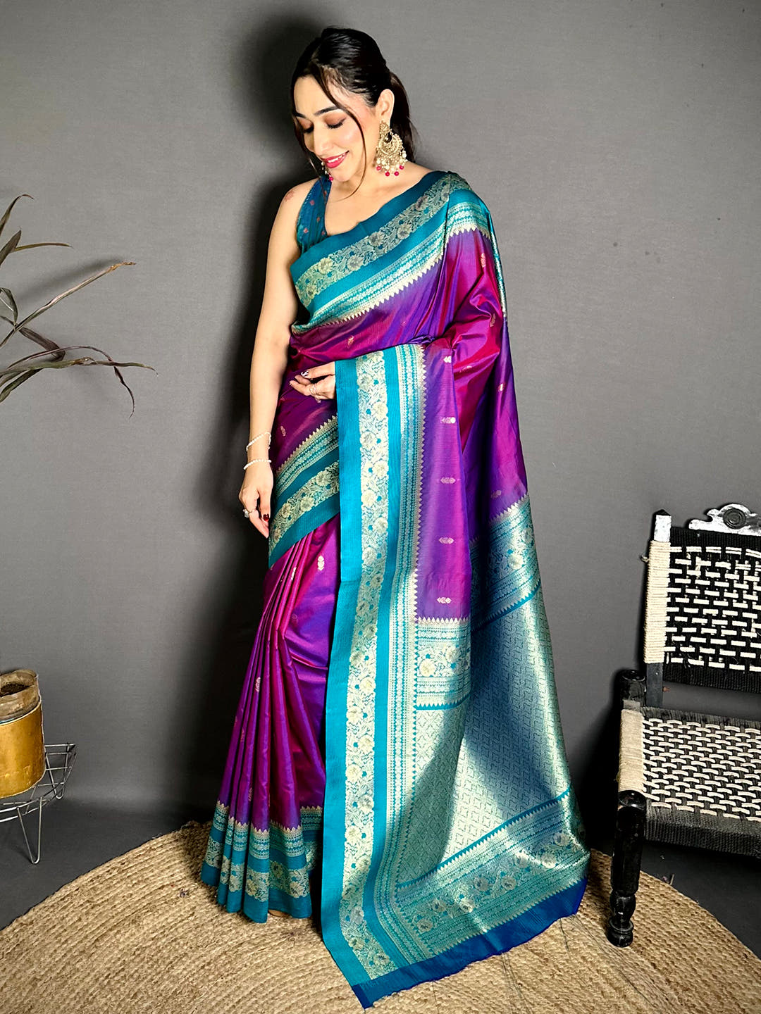 Gold Zari Woven Magenta Soft Silk Saree