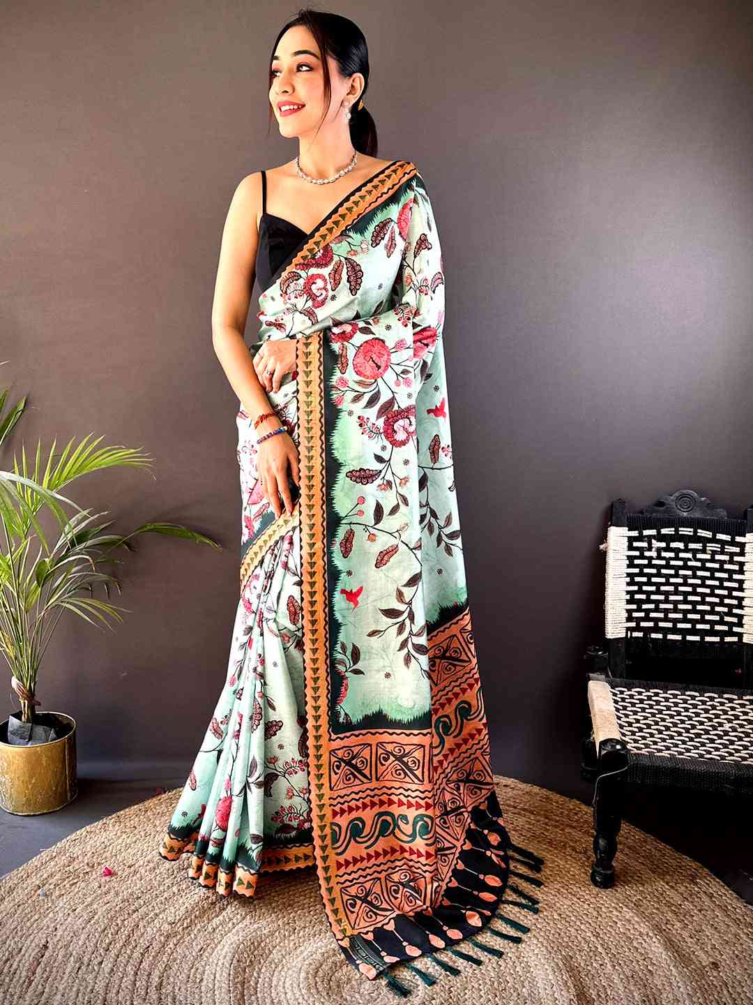 Mint Green Soft Silk Floral Saree