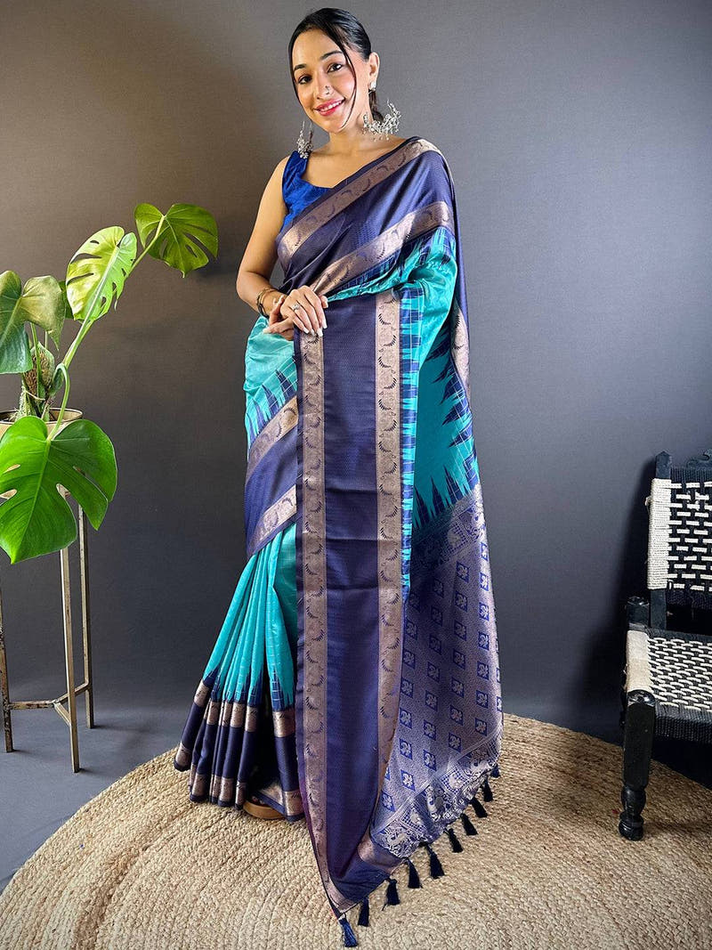 Blue Rettapet Zari Chex Banarasi Silk Saree