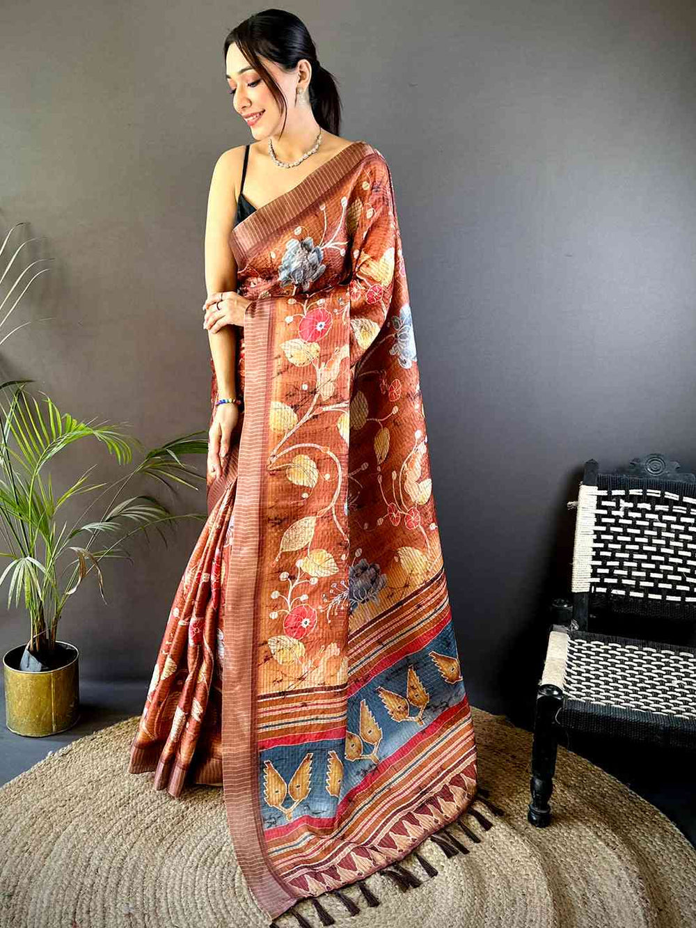 Brown Chex Kalamkari Floral Print Saree