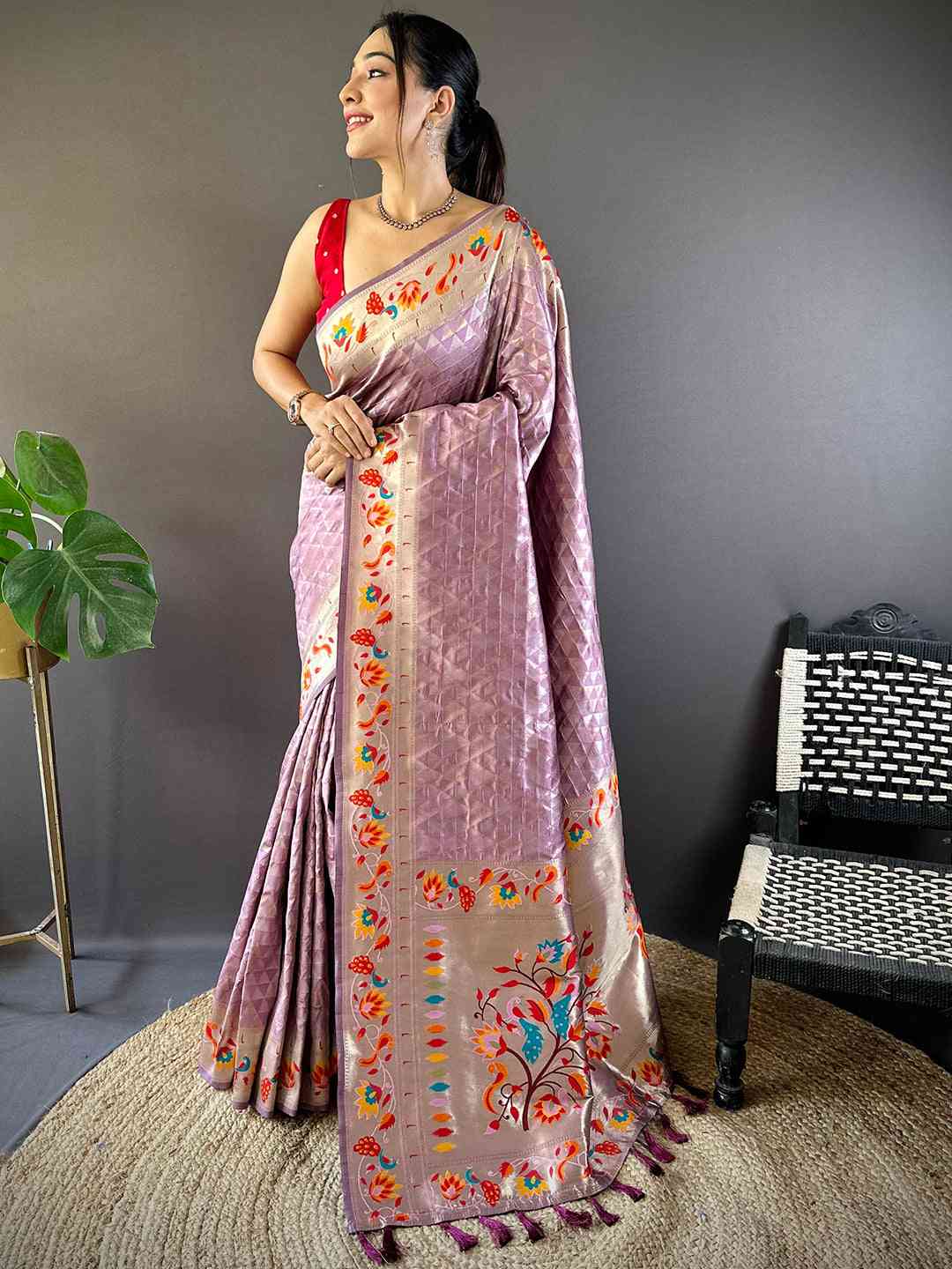 
Light Wine Silk Blend Woven Zari Work Paithani Saree