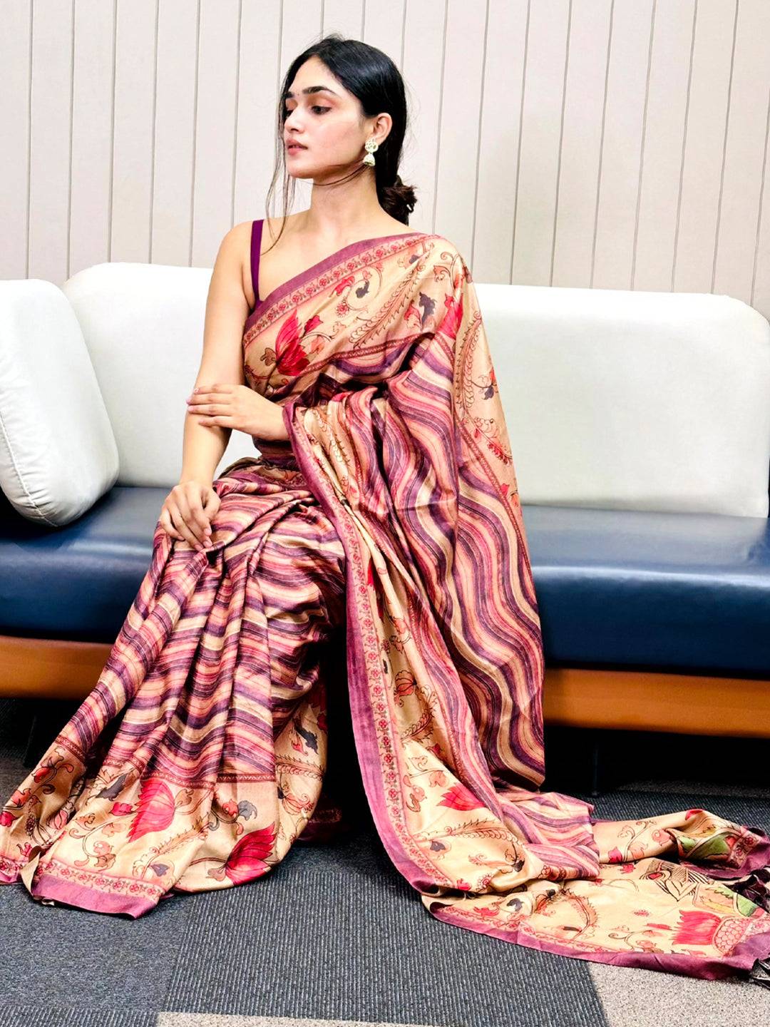Traditional Wine Tussar Silk Saree with Floral and Leheriya Patterns