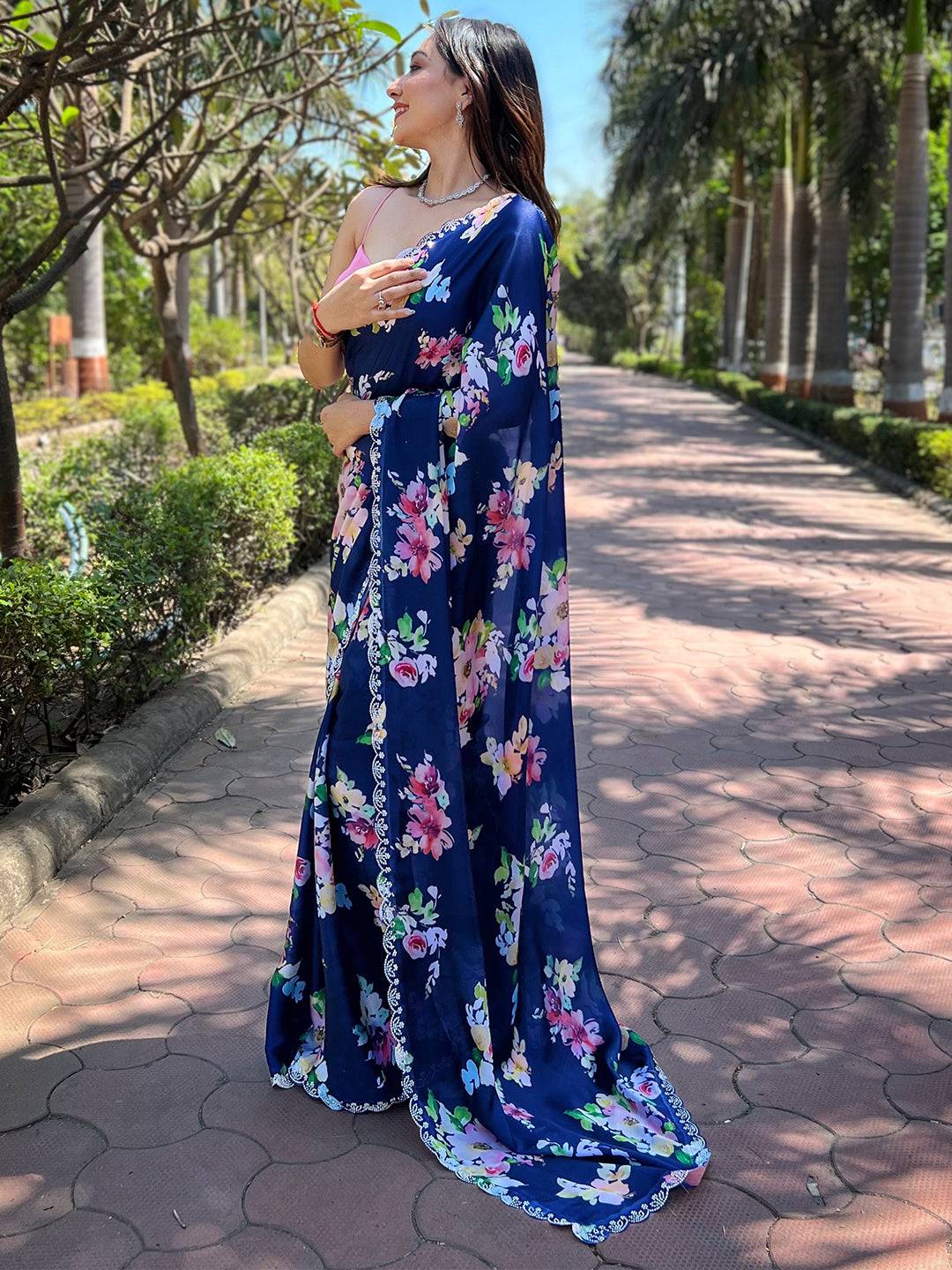 Floral pure satin georgette saree with zircon border