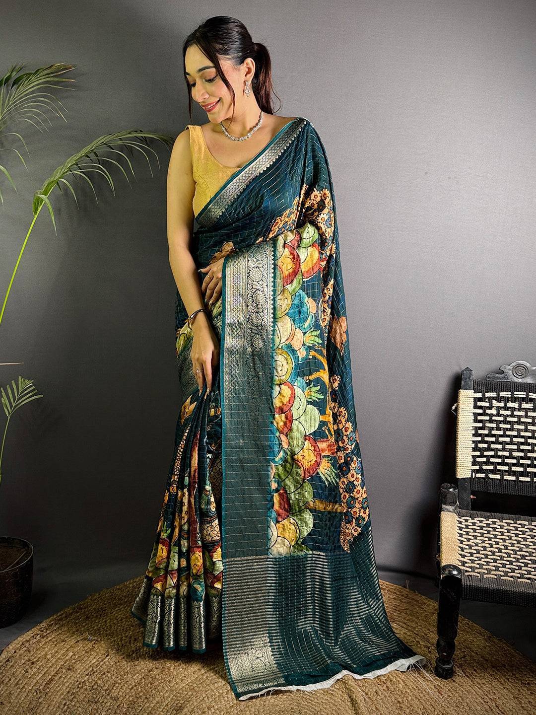 Green Pure Viscose Kalalmkari Print Saree


