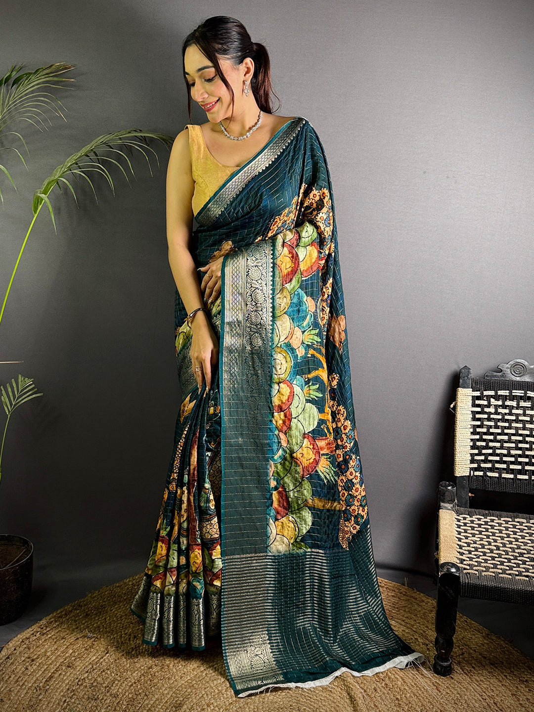Green Pure Viscose Kalalmkari Print Saree