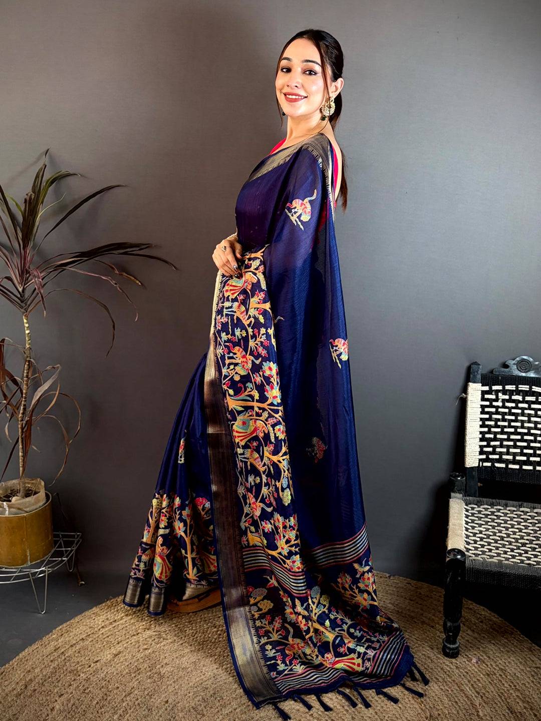 Dark Navy Shade Printed Dola Silk Saree

