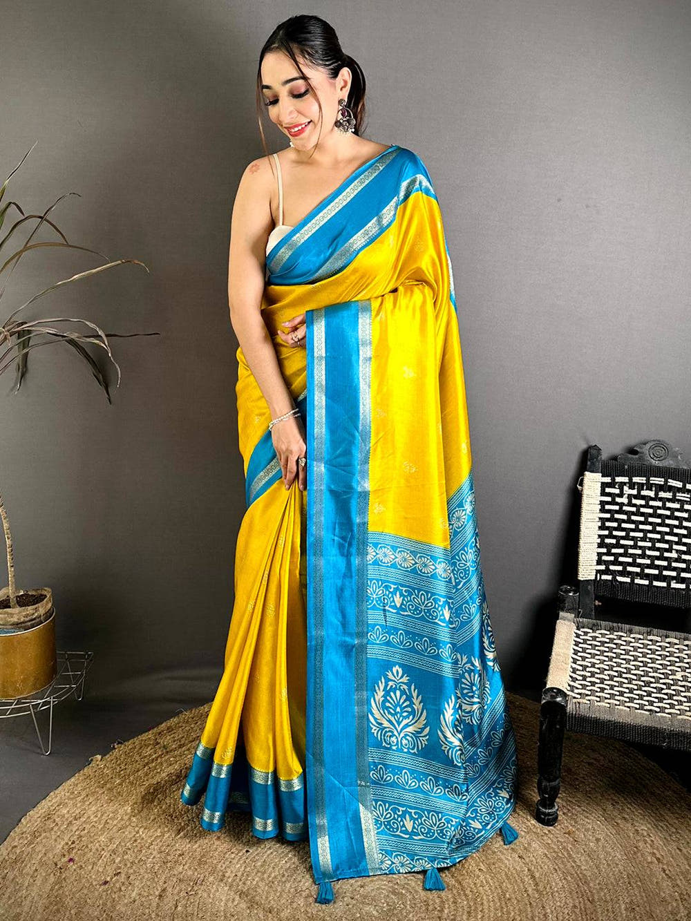 Yellow Soft Dola Block Print Pallu Saree
