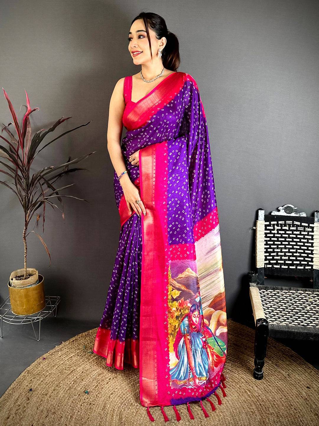 Purple Bandhej Fusion Dola Print Saree