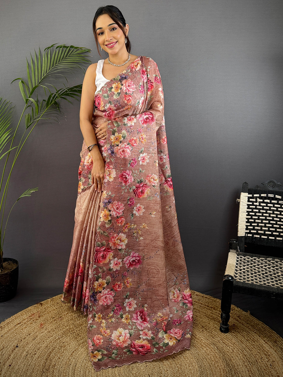 Light Brown Kota Doriya Floral Cut Work Saree