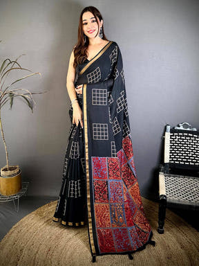 Black Mul Cotton Kalamkari Print Pallu Saree