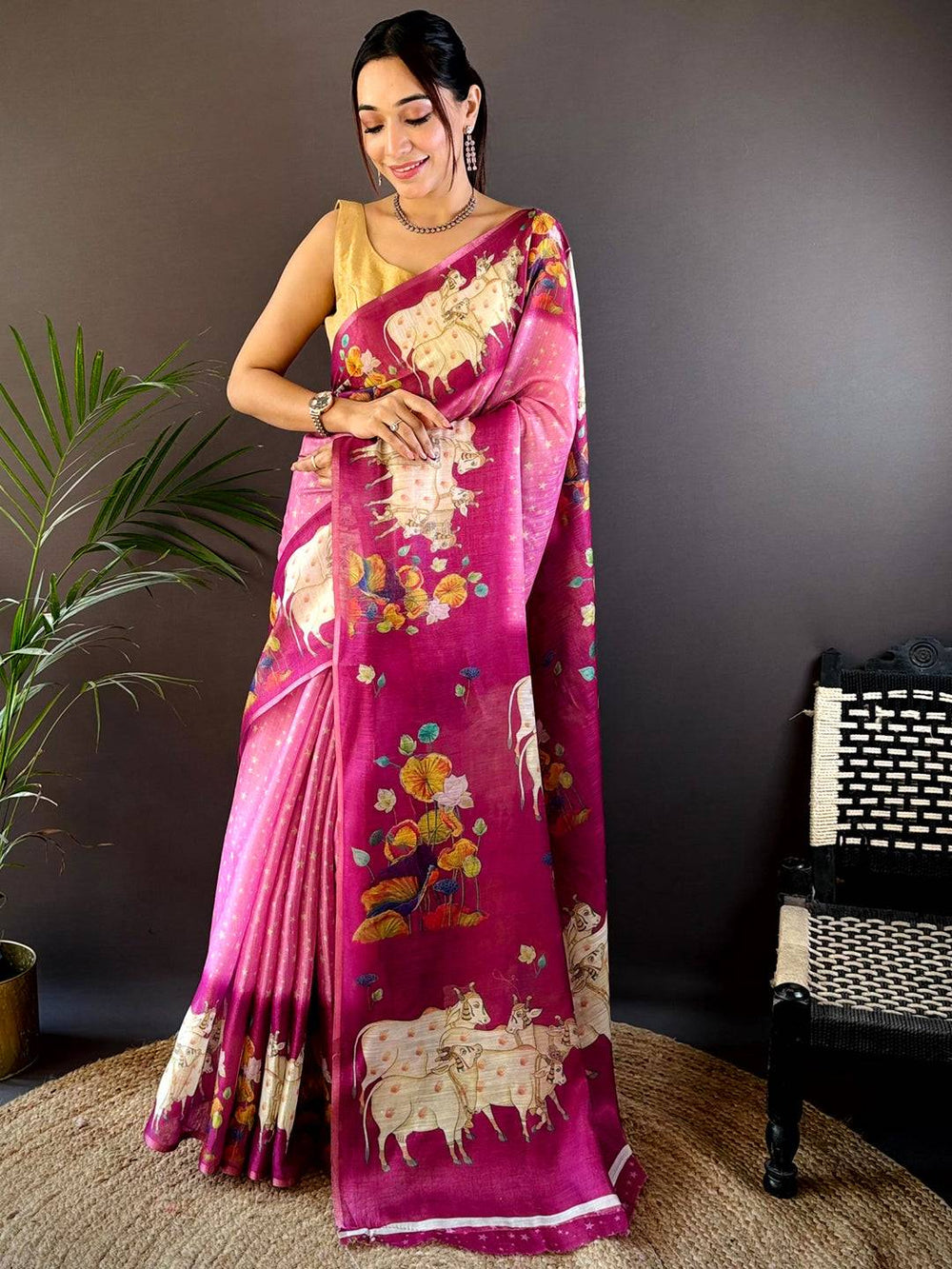 Pink Chanderi Pichwai Print Saree