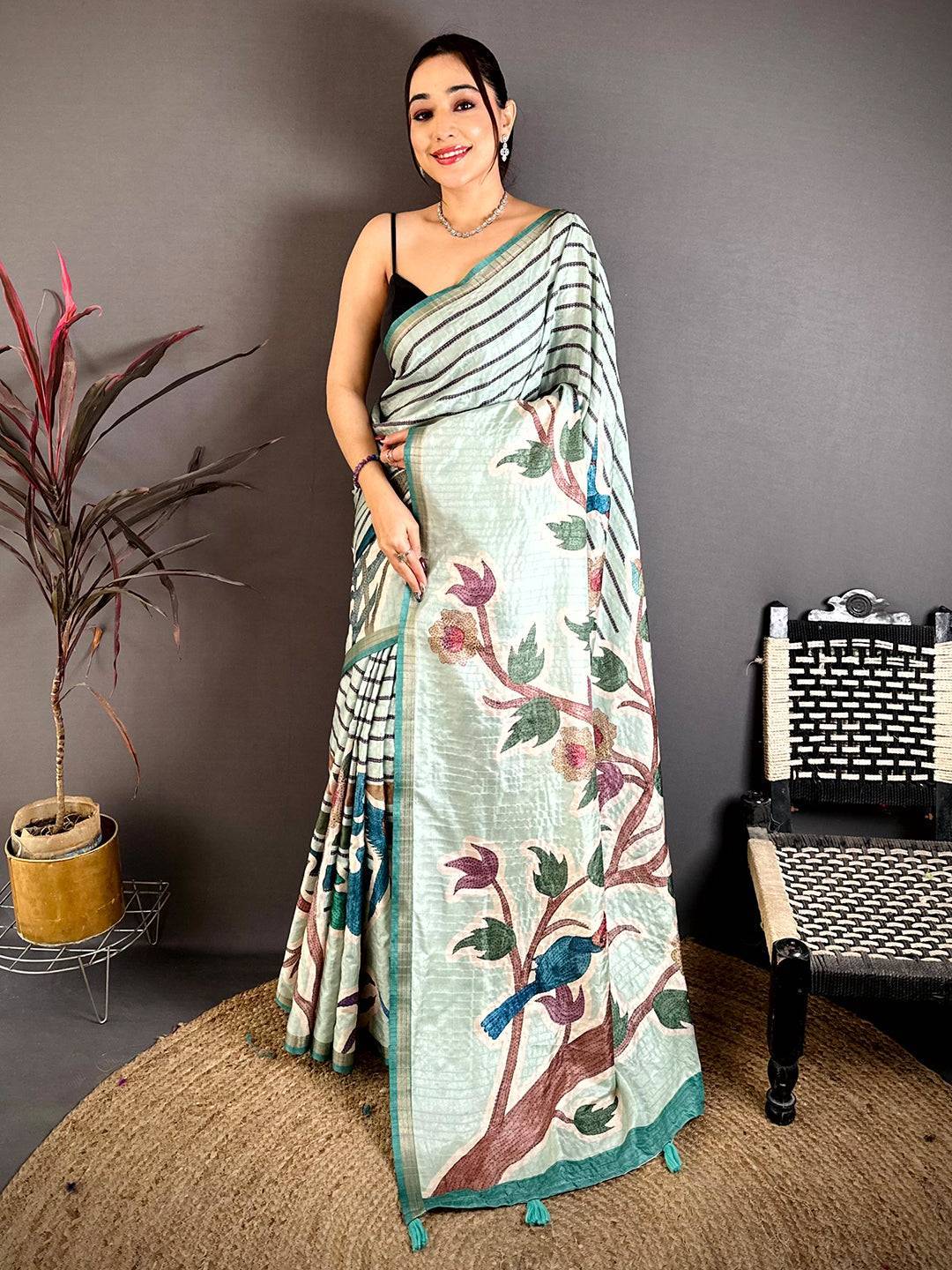 Mint Green Tussar Ghicha Floral Bird Saree