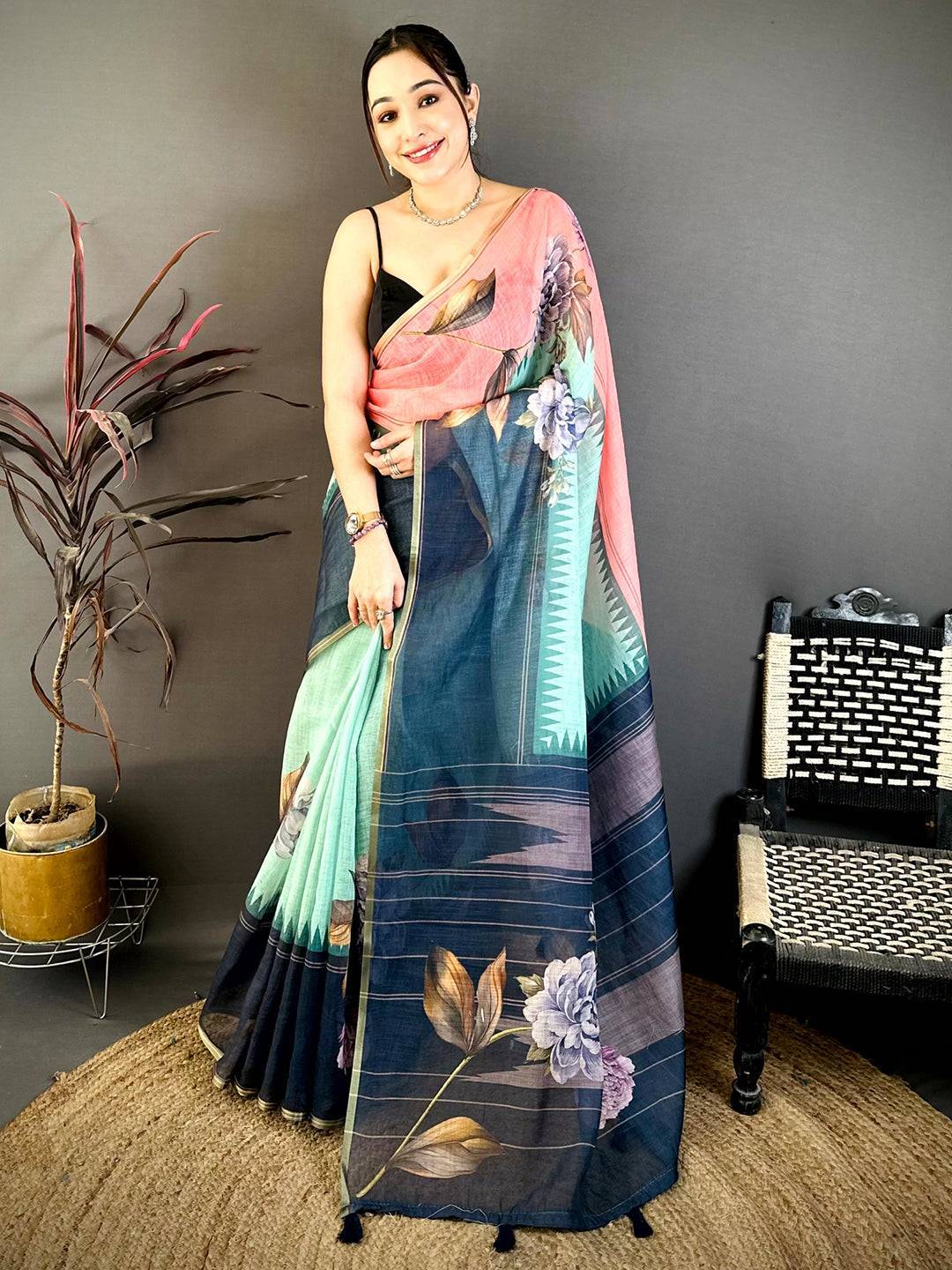 Elegant Floral Linen Chanderi Saree