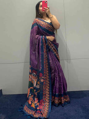 Purple Bandhej Kalamkari saree, indoor mirror selfie