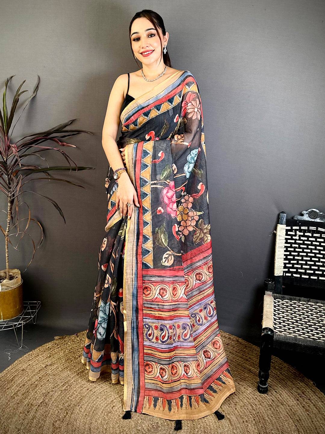 Black Free Hand Floral Linen Saree